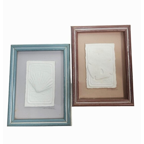 Vintage Cast Paper Seashell Art Framed Signed WESS 1980's Wall Decor Ocean Set - Picture 4 of 10